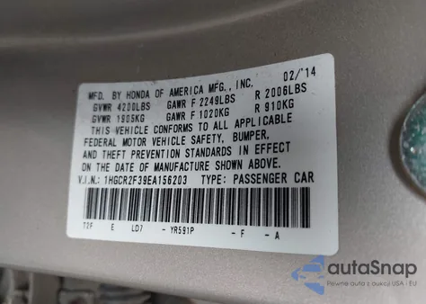 2014 Honda Accord Lx z USA, uszkodzony, nr VIN 1HGCR2F39EA156203
